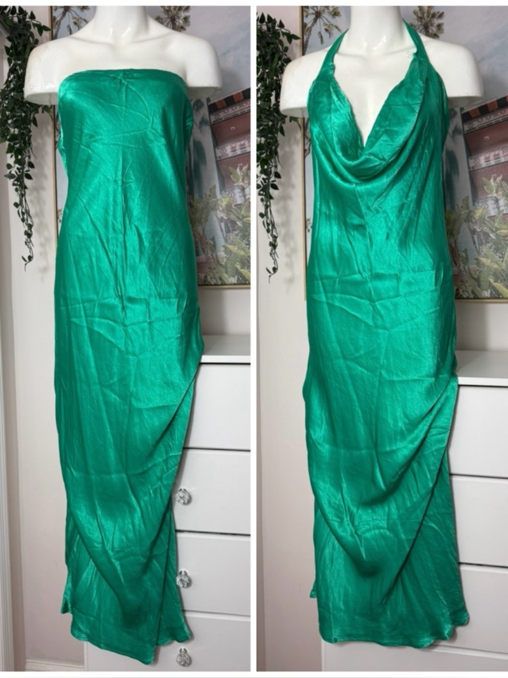 JLuxLabel Emerald Green Satin Cowl Neck Slip Dress Convertible 2X Midi Maxi